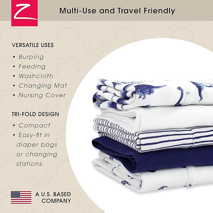 Zutano 5-Pack Organic Burp Cloths for Baby Girl & Boy, Large Cotton Burping Cloths for Babies | Absorbent Baby Spit-Up Rags | Gender Neutral Burp Clothes | Newborn Essentials, Dino Party