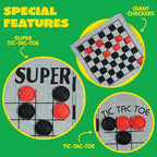 3-in-1 Vintage Giant Checkers, Tic, Tac, Toe, with Reversible Mat, 24 Chips, Family Board Game, Lawn Game, BBQ Party Favor, Indoor and Outdoor Activity for Kids and Adults