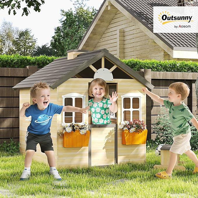 Outsunny Wooden Playhouse for Kids Outdoor Garden Pretend Play Games, Adventures Cottage, with Working Door, Windows, Bench, Service Station, Flowers Pot Holder, for 3-7 Years Old