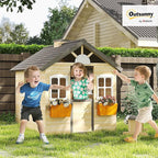 Outsunny Wooden Playhouse for Kids Outdoor Garden Pretend Play Games, Adventures Cottage, with Working Door, Windows, Bench, Service Station, Flowers Pot Holder, for 3-7 Years Old
