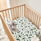 Margaux & May Organic Muslin Cotton Baby Crib Sheet, Green Feather Print, Fitted, Breathable, Toddler Bedding, 52 x 28, Deep Pocket, Organic Crib Sheets for Cozy Sleep