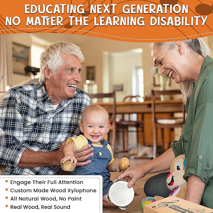 Natural Wood Musical Toys for Toddlers 1-3, Kids Musical Instruments set of 7 items Kids Guitar Egg shakers Flute Instruments Maracas Baby Xylophone Tambourine Castanets, Toddler learning Toys Experts