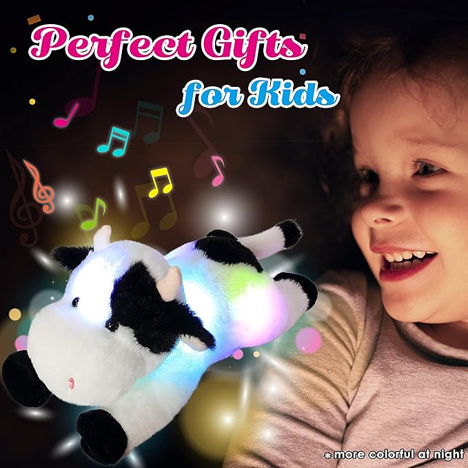 Cuteoy Glowing LED Cow Light-up Nightlight Toys Musical Plush Stuffed Animal Soft Singing Lullabies Birthday Christmas Plushies Gifts for Kids Boys Girls,15.5"