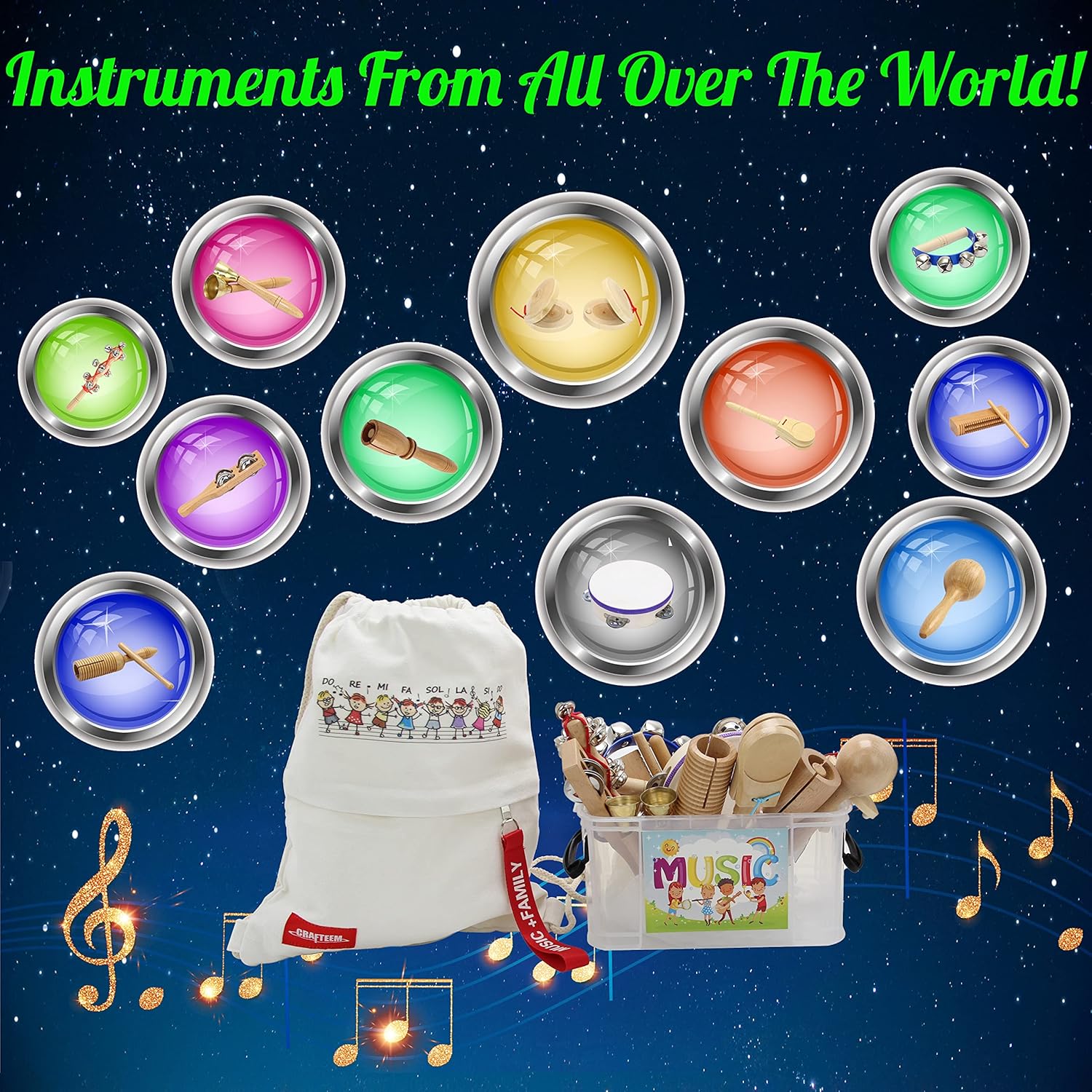 Musical Instruments , Natural Eco-Friendly Wooden Percussion Set Gift with Storage Box and Drawstring Backpack Bag-Improving Creativity and Coordination for Toddlers, Kids.