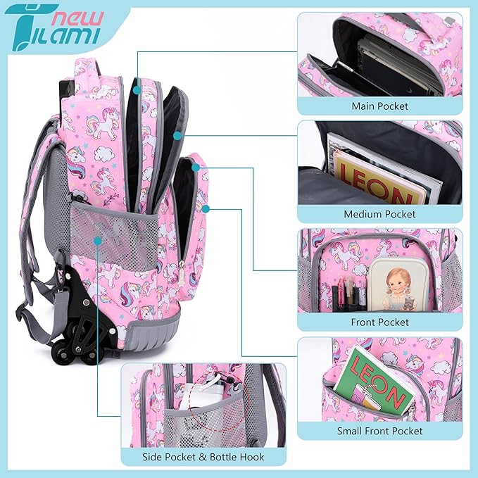 NEW TILAMI 18" Kids Rolling Backpack for School - Waterproof, Durable, Stair-Climbing, Variety of Colors Patterns for Girls & Boys, Cute Pink Unicorn