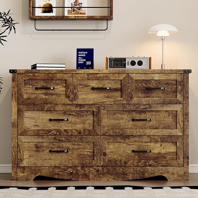 7-Drawer Dresser for Bedroom, Modern Wooden Chest of Drawers with Metal Handles, Anti-Tipping Design, Sturdy and Stable Storage Organizer for Living Room, Entryway, Home Office