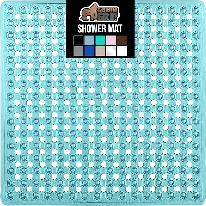 GORILLA GRIP Patented Square Shower Stall Mat, Small Bathtub Floor Mats for Stand Up Showers, Suction Cups and Drainage Holes, Machine Wash, Soft on Feet, Bathroom Accessories 21x21 Inch, Turquoise