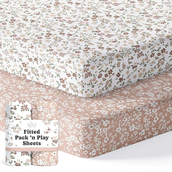 Pack and Play Sheets Fitted, Mini Crib Sheets for Graco Pack N Play Playard (38x26), Ultra Soft Organic Cotton Blend, Safe & Snug Playpen Mattress Sheet for Baby Boys & Girls – Fleurette, 2-Pack