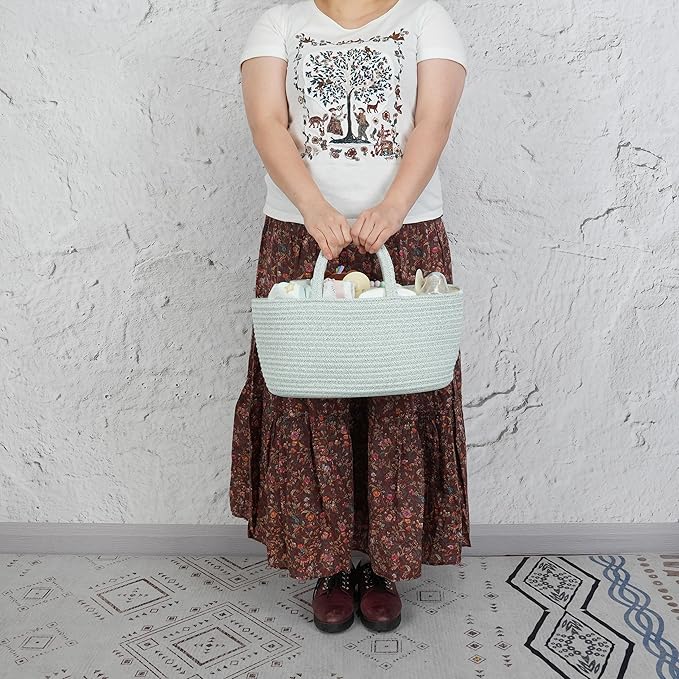 Diaper Caddy Organizer Cotton Rope Baby Basket Nursery Storage and Portable Tote Bag for Car Ideal Baby Shower Gifts and Registry Must-Have for Newborn Essentials light green