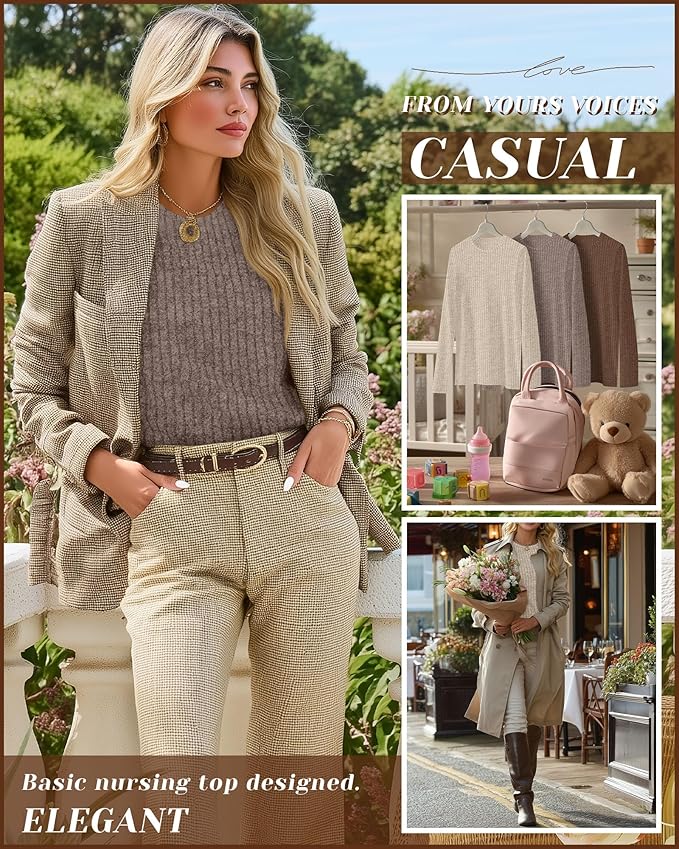 3 Pack Women's Nursing Long Sleeve Tops Breastfeeding Thermal Sweaters with Hidden Zipper Maternity Ribbed Shirts