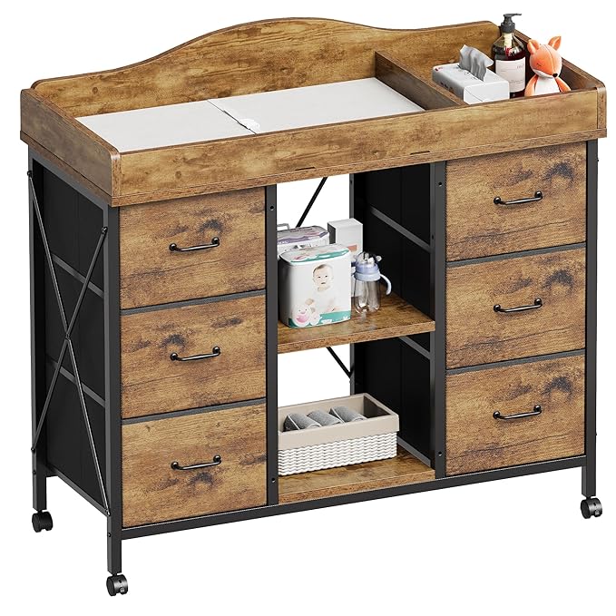 Changing Table, 6-Drawer Baby Dresser with Changing Table top,Waterproof Diaper Changing Station & Pad, 2 Height-Adjustable Open Storage Shelves, Mobile Nursery Organizer, Rustic Brown
