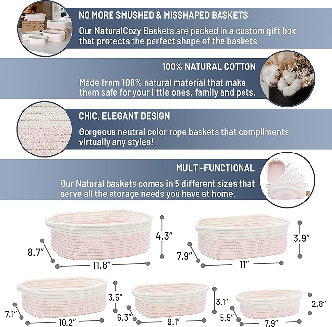 NaturalCozy 5-Piece Rectangle Storage Basket Set- Natural Cotton Rope Woven Baskets for Organizing! Small Basket for Montessori, Baby Nursery, Dog Toy Baskets, Cat Toy Box, Bathroom Organization Bin