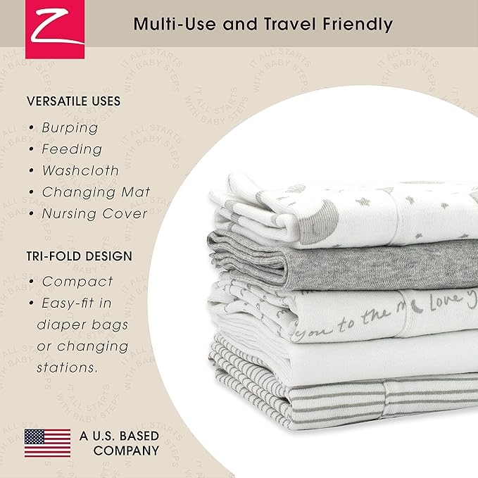 Zutano 5-Pack Organic Burp Cloths for Baby Girl & Boy, Large Cotton Burping Cloths for Babies | Absorbent Baby Spit-Up Rags | Gender Neutral Burp Clothes | Newborn Essentials, Love You to The Moon