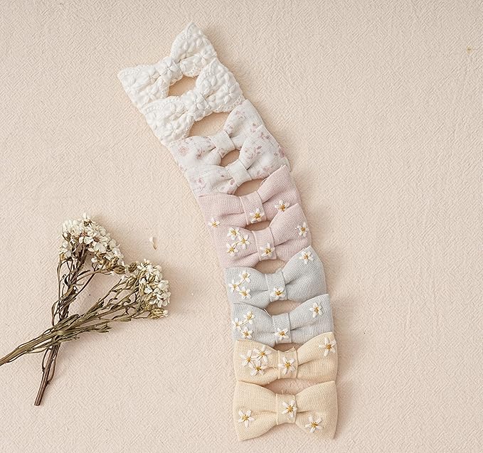 Fancy Clouds Baby Toddler Little Girls Hair Ties with 2" Linen Bows, 20 pcs No Damage Elastic Nylon Ponytail Holders Scrunchies for girls, Small Hair Accessories for Kids Thick or Thin Hair