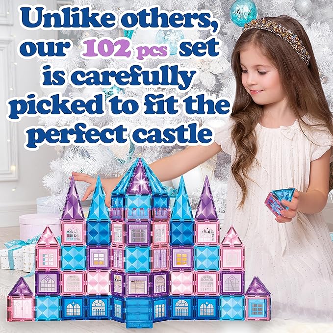 Little Pi 102pcs Frozen Princess Castle Magnetic Tiles Building Blocks - 3D Diamond Blocks, STEM Educational Toddler Toys for Pretend Play, 4 Year Old Girl Birthday Gifts Kids Ages 3 5 6 7 8 - Blue