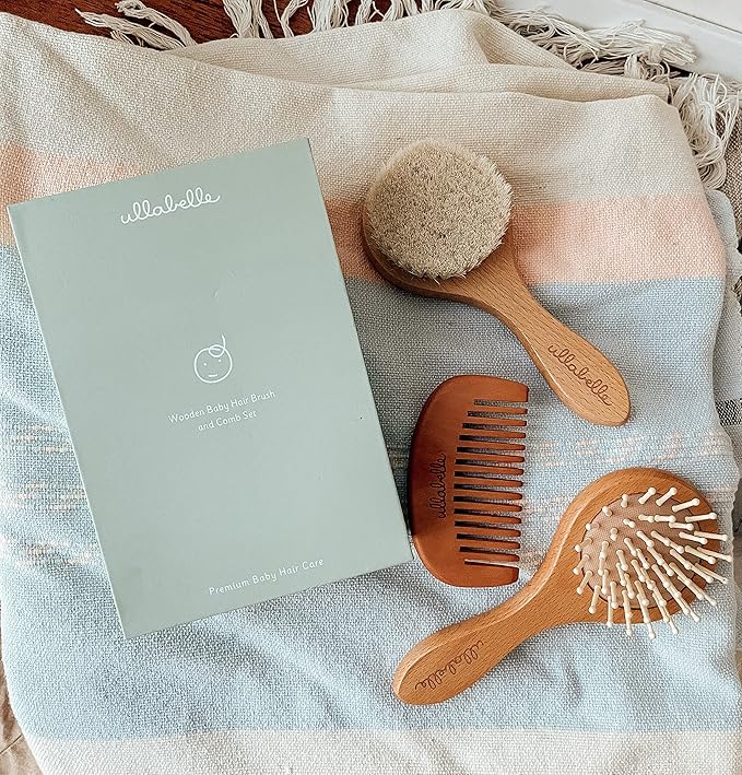 3 Piece Wooden Baby Hair Brush and Comb Set for Newborns & Toddlers in Chic Gift Box - Ultra Soft Natural Goat Hair and Wood Baby Brush Set Prevents Cradle Cap - Perfect Registry Gift (Sage)