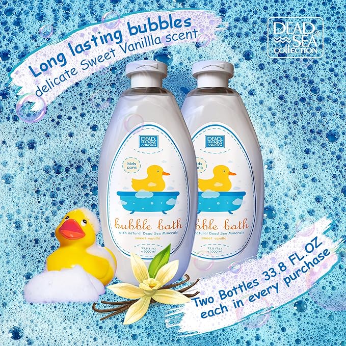Dead Sea Collection Bubble Bath Kids with Vanilla - Cleansing and Moisturizing Liquid Bath Bubbles - Sweet Almond Oil and Pure Dead Sea Minerals - Pack of 2 Large Bottles (67.6 fl.oz)