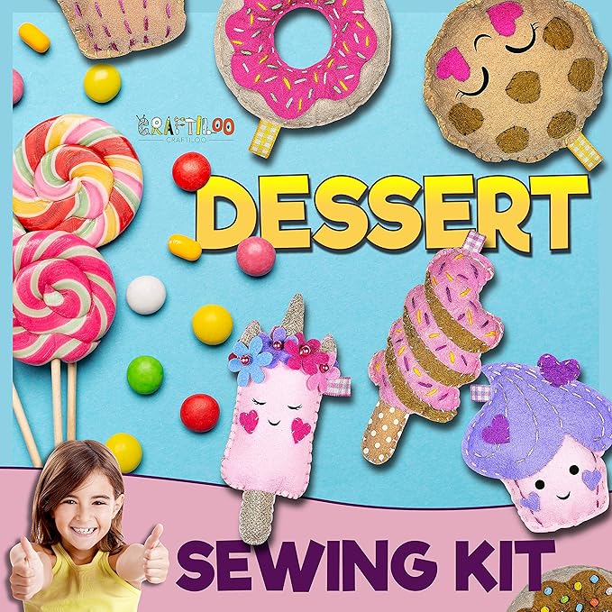 12 Pre-Cut Mini Treats Dessert Fun Kids Sewing Kit for Kids Ages 8-12 Children Beginners Sewing kit kid crafts Make Your Own Felt Pillow Plush Craft Kit Girls and Boys Art Craft Kits Learn to Sew Kit