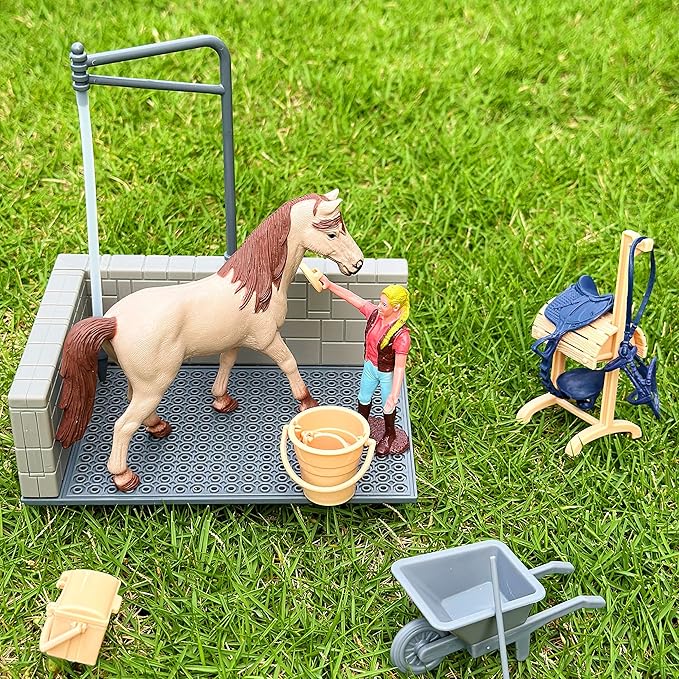 Peagrav Horse Stable Playset with Rider, Wash Area, Fence & Animal Figures - Gifts for Girls & Boys Aged 3-8