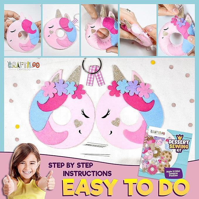 12 Pre-Cut Mini Treats Dessert Fun Kids Sewing Kit for Kids Ages 8-12 Children Beginners Sewing kit kid crafts Make Your Own Felt Pillow Plush Craft Kit Girls and Boys Art Craft Kits Learn to Sew Kit