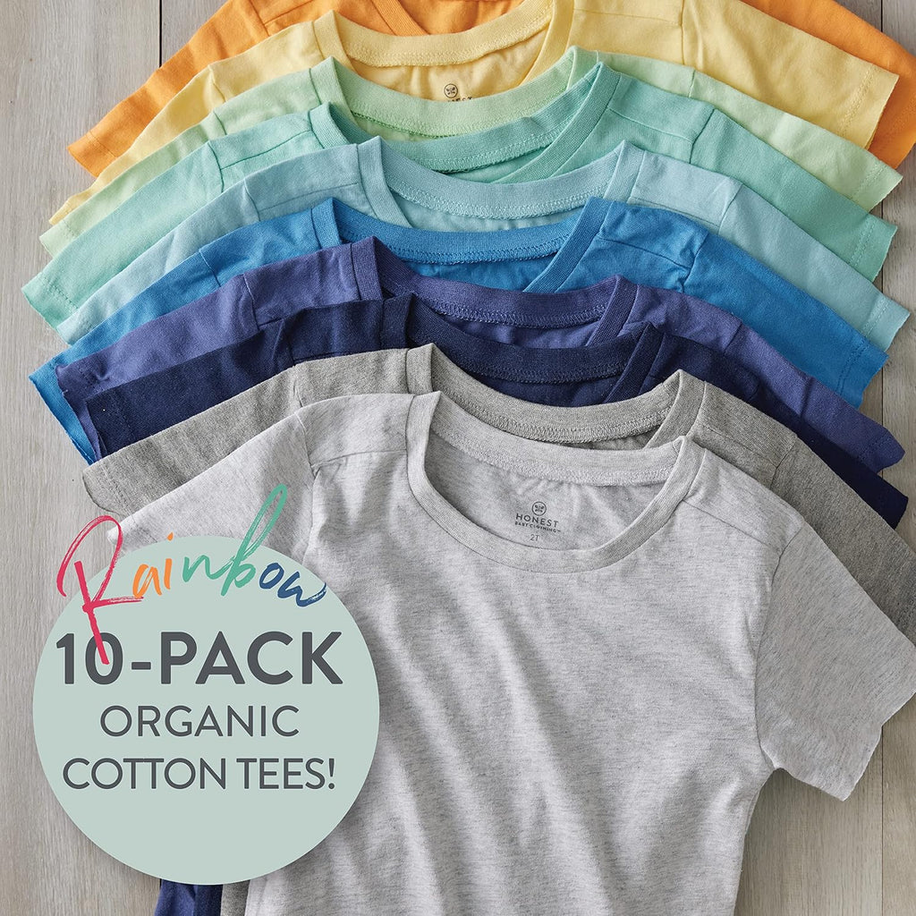 HonestBaby 10-Pack Short Sleeve T-shirts 100% Organic Cotton Baby, Toddler, Little Kids, Boys, Girls, Unisex