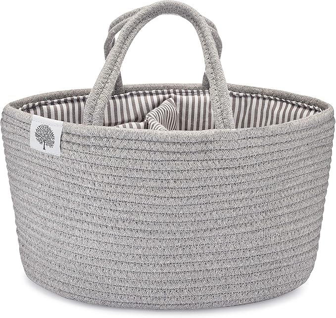Parker Baby Rope Diaper Caddy Organizer - Nursery Storage Bin and Car Organizer for Diapers and Baby Wipes - Diaper Organizer for Baby Essentials, Baby Shower Gifts - Gray