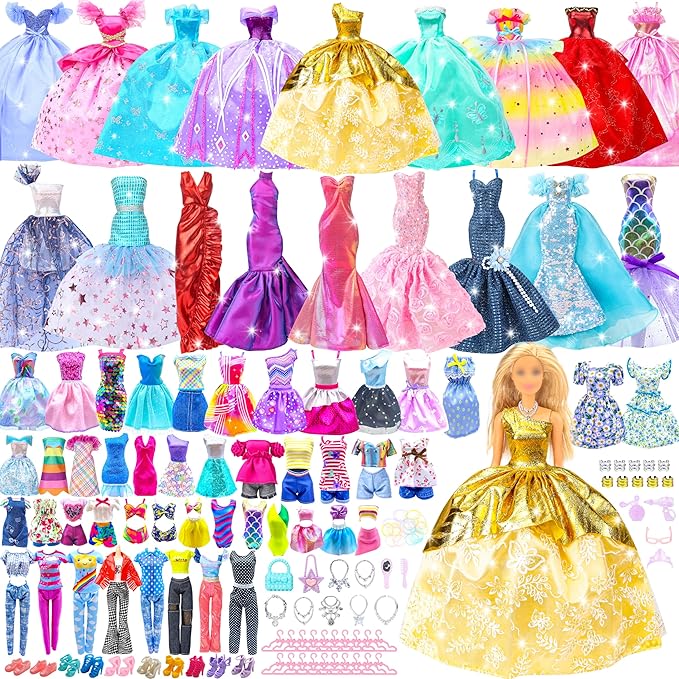 100 Pcs Doll Clothes & Accessories, 4 Wedding Gowns 2 Evening Dresses 6 Fashion Dresses 1 Jumpsuit 5 Tops 5 Pants 2 Swimsuit, 20 Hangers 10 Shoes 46 Accessories Toys for Girl Birthday Gift