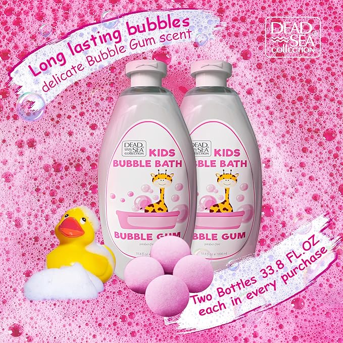 Dead Sea Collection Bubble Bath Kids with Bubble Gum Scent - Cleansing and Moisturizing Liquid Bath Pure Dead Sea Minerals - Pack of 2 Large Bottles (67.6 fl.oz)
