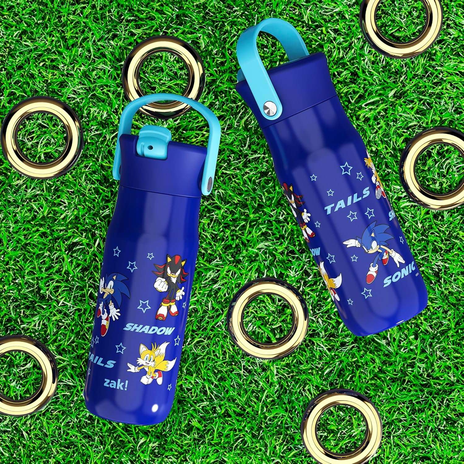 Zak Designs Harmony Sonic the Hedgehog Water Bottle for Travel or Home, 20oz Recycled Stainless Steel is Leak-Proof When Closed and Vacuum Insulated with Straw Lid and Carry Handle (Sonic & Friends)
