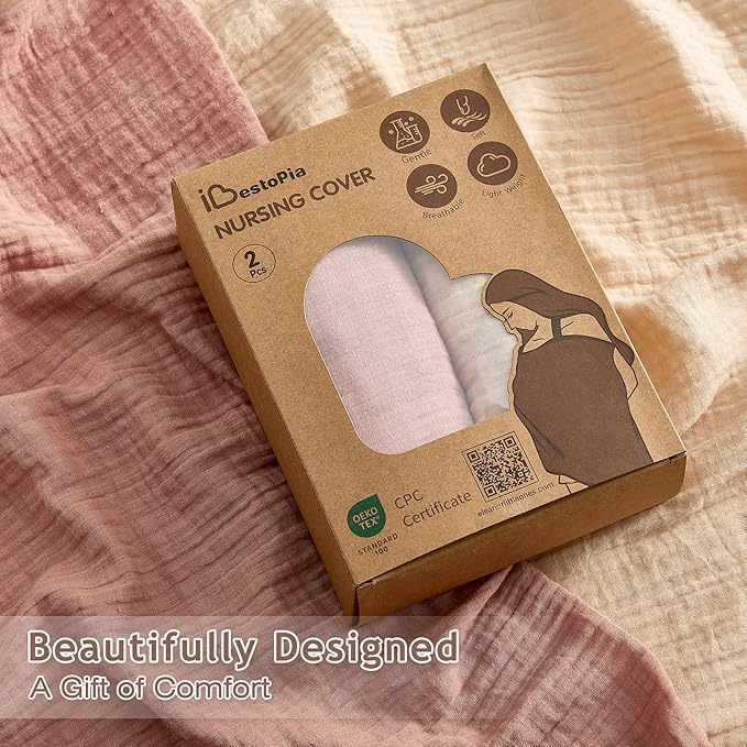 2 Pack Nursing Covers 100% Cotton Breastfeeding Cover Privacy Muslin Full Coverage Nursing Scarf Gift Box (Linen & Dusty Pink)