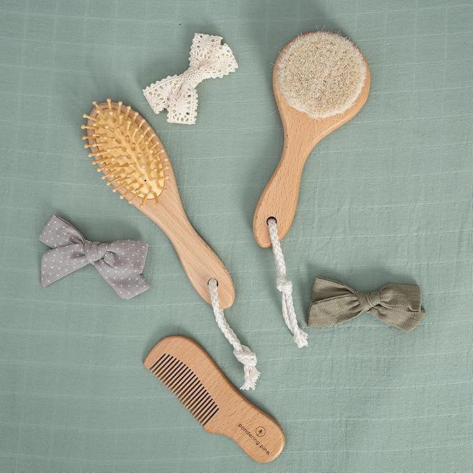 Natural Baby Hair Brush Set with Boho Bag - Goat Hair Cradle Cap Brush, Toddler Brush and Comb - Scalp Grooming Baby Hairbrush for Newborn and Infant, Wooden Brushes for Boys and Girls